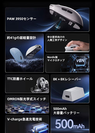 VGN Dragonfly Y2 シリーズマウス ゲーミングマウス ワイヤレス Y2 Pro / Pro+ 無線 超軽量 41グラム PAW3950 3950Ultra Nordic52840 BlueTooth5.0/2.4Ghz/USB-C接続 バッテリー最大500mAh 3色選択可能 8KHz対応可