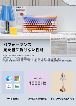 Lofree Super Color 70s シリーズ 84キー メカニカルキーボード ロフリー ファンデーション デザイン 三模接続（有線・Bluetooth・2.4G） Gasket構造 カスタムGATERON軸 ホットスワップ対応 メタルキーキャップ 4000mAhバッテリー マクロ ノブ付き タイピング・仕事用