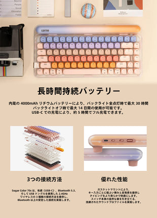 Lofree Super Color 70s シリーズ 84キー メカニカルキーボード ロフリー ファンデーション デザイン 三模接続（有線・Bluetooth・2.4G） Gasket構造 カスタムGATERON軸 ホットスワップ対応 メタルキーキャップ 4000mAhバッテリー マクロ ノブ付き タイピング・仕事用
