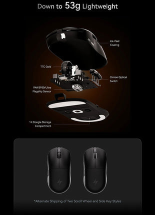 ATK A9シリーズ ゲーミングマウス ワイヤレス ATK Dragonfly A9 SE / A9 / A9 Plus / A9 Pro /A9 Ultra 軽量ワイヤレスマウス 無線 超軽量 53グラム PAW3950 3950Ultra Nordic52840 BlueTooth5.0/2.4Ghz/USB-C接続 バッテリー800mAh 3色選択可能 8KHz対応可