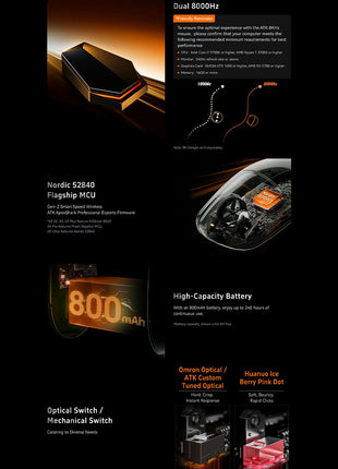 ATK A9シリーズ ゲーミングマウス ワイヤレス ATK Dragonfly A9 SE / A9 / A9 Plus / A9 Pro /A9 Ultra 軽量ワイヤレスマウス 無線 超軽量 53グラム PAW3950 3950Ultra Nordic52840 BlueTooth5.0/2.4Ghz/USB-C接続 バッテリー800mAh 3色選択可能 8KHz対応可