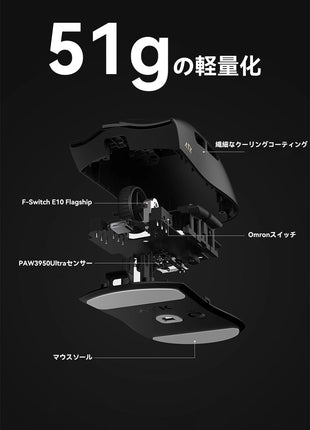 ATK X1 Ultimate ゲーミングマウス ワイヤレス 無線 超軽量 51グラム PAW3950Ultra Nordic52840 2.4Ghz/TYPE-C接続 バッテリー500mAh 3色選択可能 ワイヤレス/有線8K対応 （全シリーズ8Kレシーバー付き）送料無料