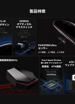 ATK Z1シリーズ ゲーミングマウス ワイヤレス Z1 Pro max / Z1 Ultra 無線 超軽量 57グラム PAW3950 3950Ultra Nordic52840 2.4Ghz/USB-C接続 バッテリー最大500mAh 3色選択可能 8KHz対応可 （全シリーズ数量限定8Kレシーバー特典）送料無料
