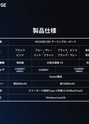 MCHOSE G87 ゲーミングキーボード メカニカルキーボード  80%レイアウト 87キー コンパクト Bluetooth5.0 / 2.4Ghz / Type-Cケーブル ホットスワップ プディングキーキャップ RGBバックライト 琉光アイスクリーム軸 氷軸 風信子軸 ( ヒヤシンス軸 ) 10000mAh バッテリー