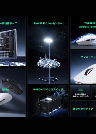 MCHOSE A7 / A7 Pro / A7 Ultra ゲーミングマウス ワイヤレス 1k/8Kドングル付き 無線 超軽量 約56グラム PAW3395/PAW 3950 26000DPI/42000 Bluetooth/2.4Ghz/USB-C接続 バッテリー最大500mAh 4色選択可能 中型手 大型手 オフィス ゲーム PCアクセサリ