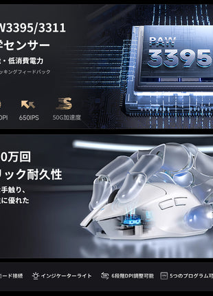 MCHOSE G7 ゲーミングマウス ワイヤレス 無線 超軽量 59グラム PAW3311 12000DPI Bluetooth / 2.4Ghz / USB-C接続 バッテリー800mAh ホワイト オフィス ゲーム PCアクセサリ