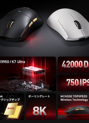MCHOSE K7 Ultra ゲーミングマウス ワイヤレス 8Kドングル付き 充電ドック付き 超軽量 59グラム PAW3950 Realtek BlueTooth5.0/2.4Ghz/USB-C接続 バッテリー500mAh 2色選択可能 8KHz対応可