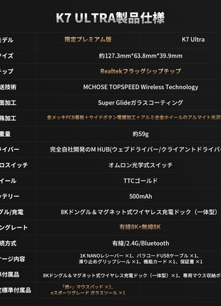 MCHOSE K7 Ultra ゲーミングマウス ワイヤレス 8Kドングル付き 充電ドック付き 超軽量 59グラム PAW3950 Realtek BlueTooth5.0/2.4Ghz/USB-C接続 バッテリー500mAh 2色選択可能 8KHz対応可