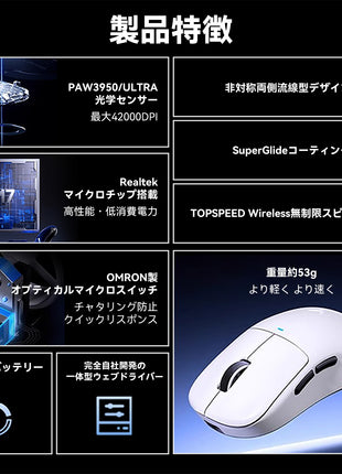 【送料無料】MCHOSE M7シリーズ ゲーミングマウス ワイヤレス 1Kドングル付き 無線 超軽量 53グラム PAW3395 Realtek 26000DPI Bluetooth/2.4Ghz/USB-C接続  バッテリー500mAh  3色選択可能 M7 M7 pro 中型手 大型手 つまみ持ち かぶせ持ち つかみ持ち