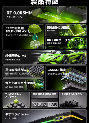 【無線接続可能RTキーボード】VGN Neon 75 ラピッドトリガー ゲーミングキーボード RTキーボード RT精度 0.005MM ガスケットキーボード TTC 磁気スイッチ 75キー Type-Cケーブル ホットスワップ対応 PCB RGBバックライト搭載 OEM キーキャップ