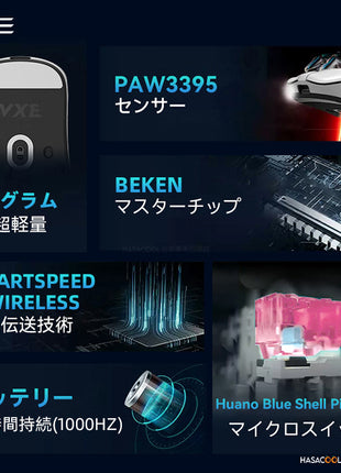 VXE DRAGONFLY  R1 ゲーミングマウス ワイヤレス 無線 超軽量  51グラム PAW3395 BEKEN 2.4Ghz/USB-C/BLUETOOTH接続  バッテリー最大40時間持続  2色選択可能